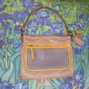 Coach Tan and Grey/Purple Shoulder Bag with Yellow Accents